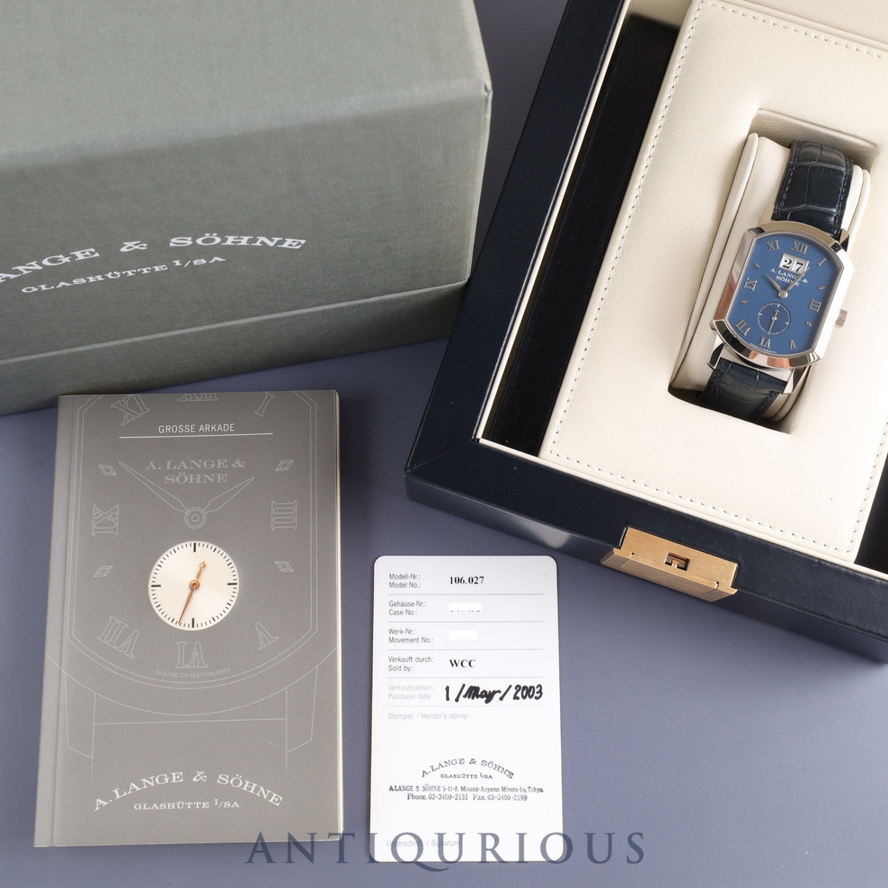 A. Lange &amp; Söhne Grand Arcade 106.027 Manual winding Cal.L911.4 K18WG Genuine leather strap Genuine buckle (750) Blue dial Box Warranty (2003) Overhauled