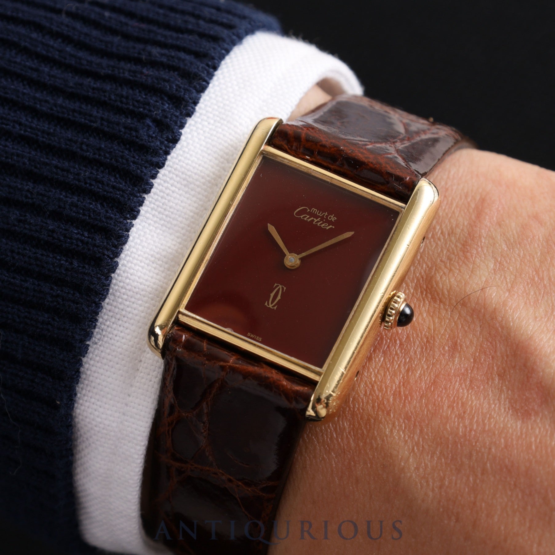 CARTIER カルティエ MUST TANK LM マストタンク LM 手巻き Cal.78-1 925 革 純正尾錠（GP）ボルドー文字盤 箱 オーバーホール済み