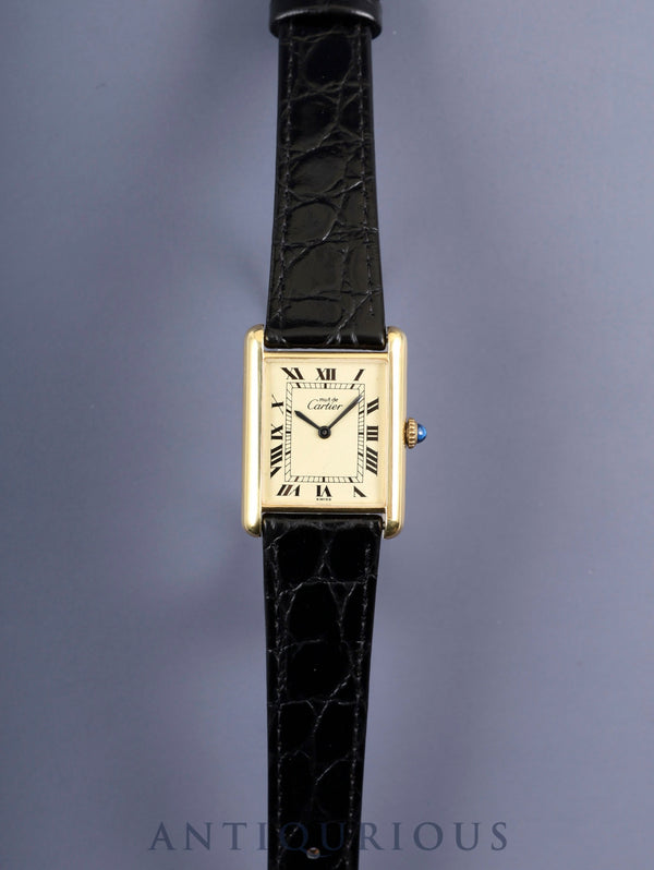 Cartier Must Tank LM, manual winding, Cal. 78-1, SV925, leather, genuine buckle (GP), ivory Roman dial, circa 1976-1981, overhauled and refinished to new condition.