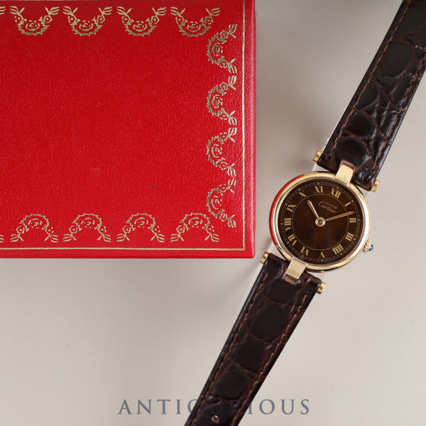 Cartier Must Vendôme VLC SM 18 Quartz Cal.81 SV925 Leather Strap with Genuine GP Buckle, Mahogany Roman Dial, Box, Overhauled