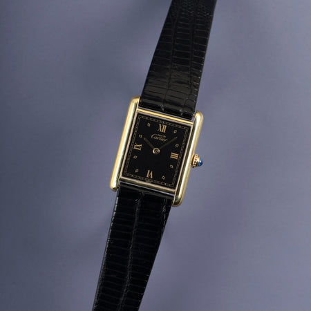 カルティエ マストタンク LM 590005 クォーツ Cal.90 SV925 革 純正尾錠（GP） ブラック飛びローマン文字盤 オーバーホール済み 新品仕上げ済み