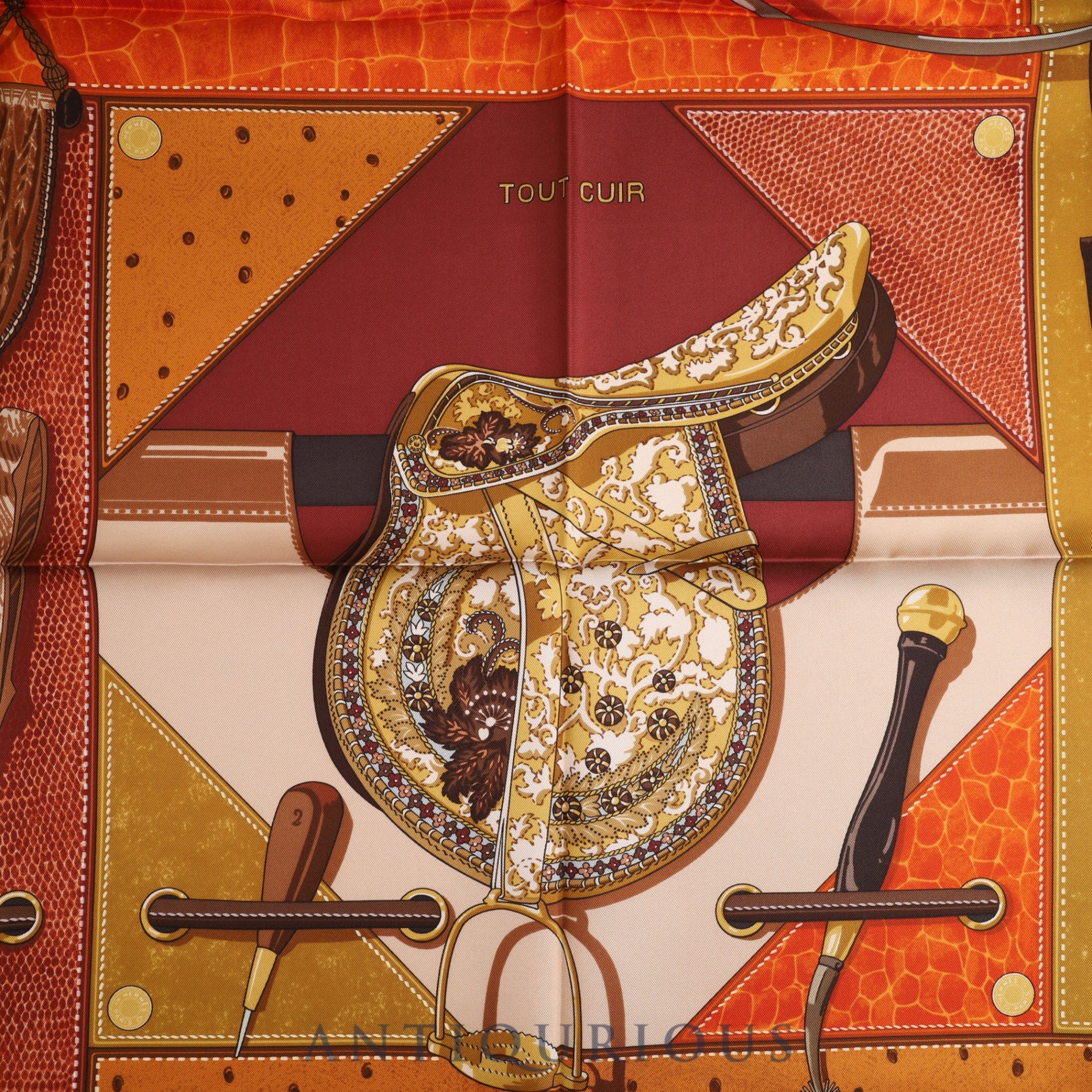 Hermes Scarf Carre 90 TOUT CUIR All leather Brown x Orange 100% SILK Case