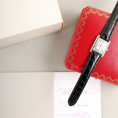 カルティエ マストタンク MM W1016130 / 2416 クォーツ Cal.057 SV925 革 純正Dバックル（SS）ピンクローマン文字盤 （SWISS MADE表記 / クリスマス限定） 箱 冊子 保証書 オーバーホール済み