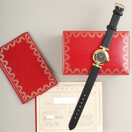カルティエ マストコリゼ W1000753 / 590002 クォーツ Cal.90 SV925 革 純正ピンバックル（GP） ブラック飛びローマン文字盤 箱 保証書（1989年 / 個人名記載）オーバーホール済み