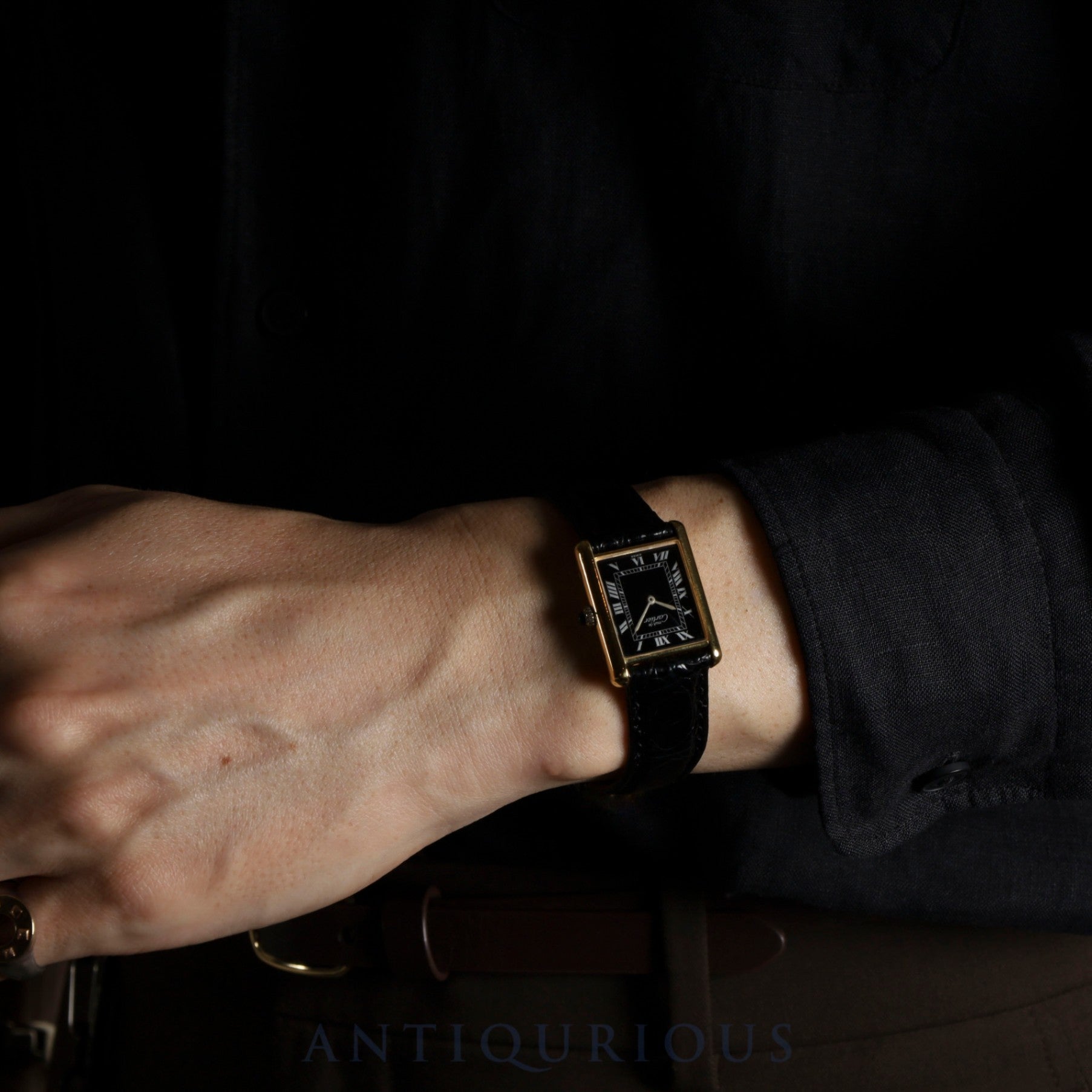 Cartier Must Tank LM Manual Winding Caliber 78-1 SV925 Leather Strap with Genuine GP Buckle Black Roman Dial Overhauled and Finished to Look Like New