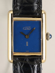 Cartier Must Tank SM 3, Manual Winding Cal.78-1, SV925, Original Leather Strap, Original Pin Buckle (GP), Lapis Lazuli Dial (SWISS marked), Serviced