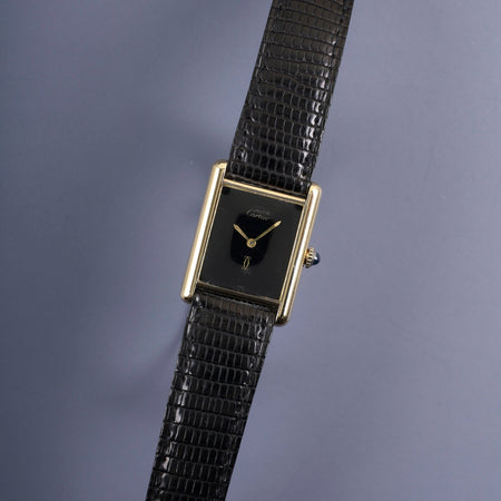 Cartier Must Tank LM, manual winding, Cal. 78-1, SV925, genuine leather strap, genuine buckle (GP), onyx dial, circa 1976-1981, overhauled.