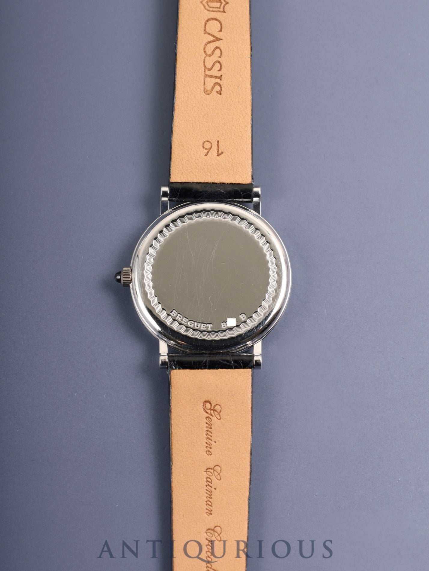 Breguet Crackle Moonphase 3280BB, manual winding, Cal. 818/4, 750WG, leather strap, original pin buckle (750WG), silver Roman numeral dial, box, recently overhauled.