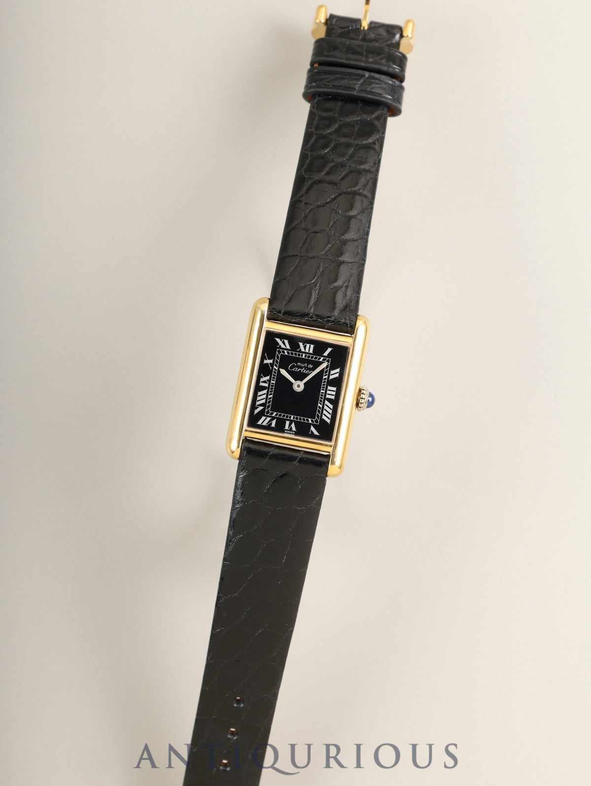 Cartier Must Tank SM 3-hand manual winding Cal.78-1 SV925 leather, genuine pin buckle (GP), black Roman dial (SWISS表記), overhauled, polished