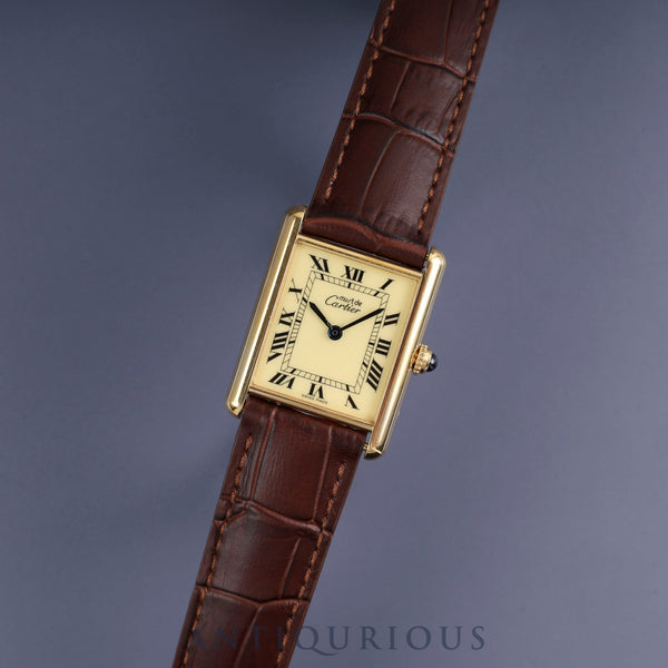 Cartier Must Tank LM 1615 Quartz Caliber - SV925 Leather Strap with Genuine D-Clasp (GP) Buckle, Ivory Roman Dial, Circa 1996-1998, Completely Serviced at a Cartier Boutique