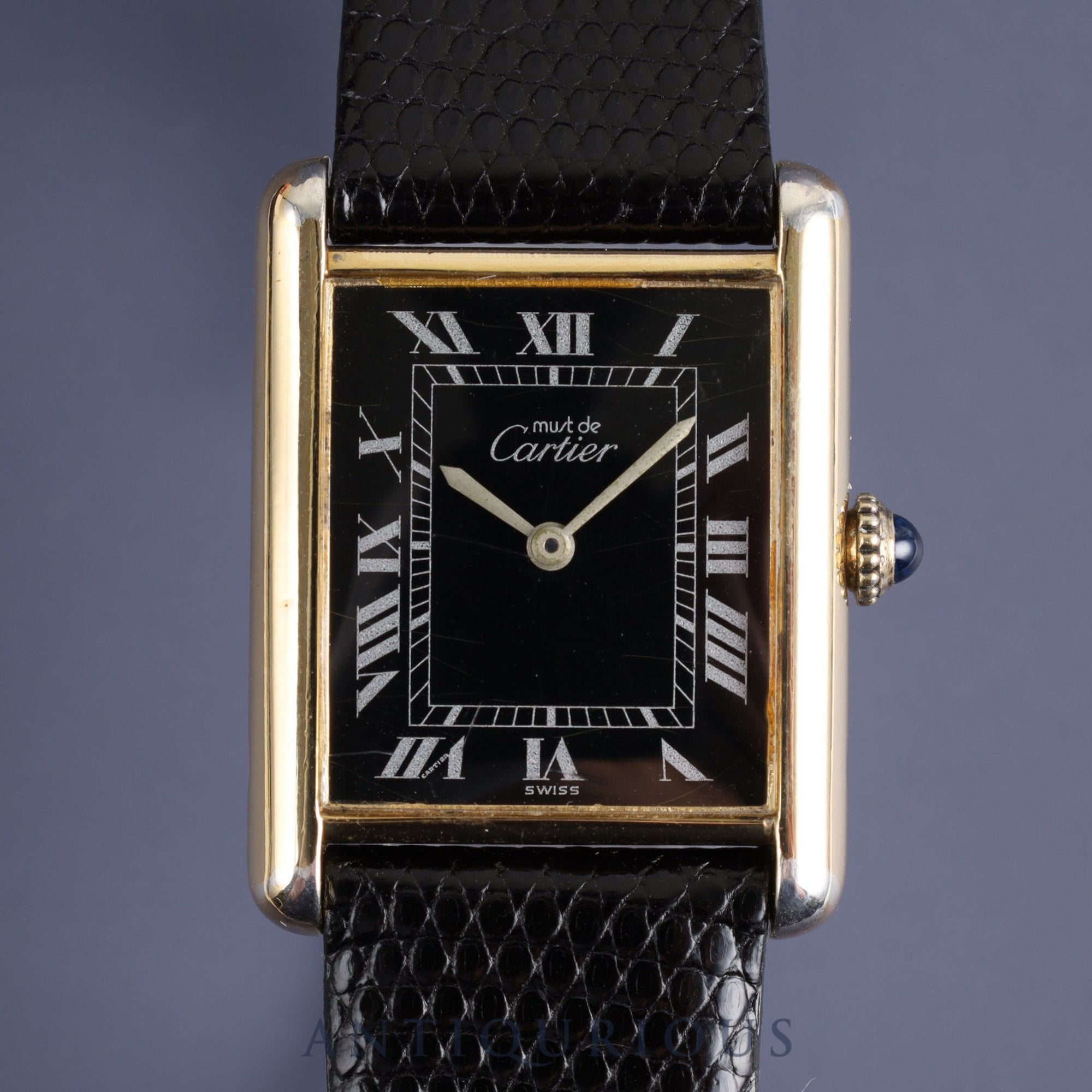 Cartier Must Tank LM 81974913 Manual winding Cal.78-1 SV925 Leather Genuine buckle (GP) Black Roman dial Box Warranty (1979, personal name included) Overhauled