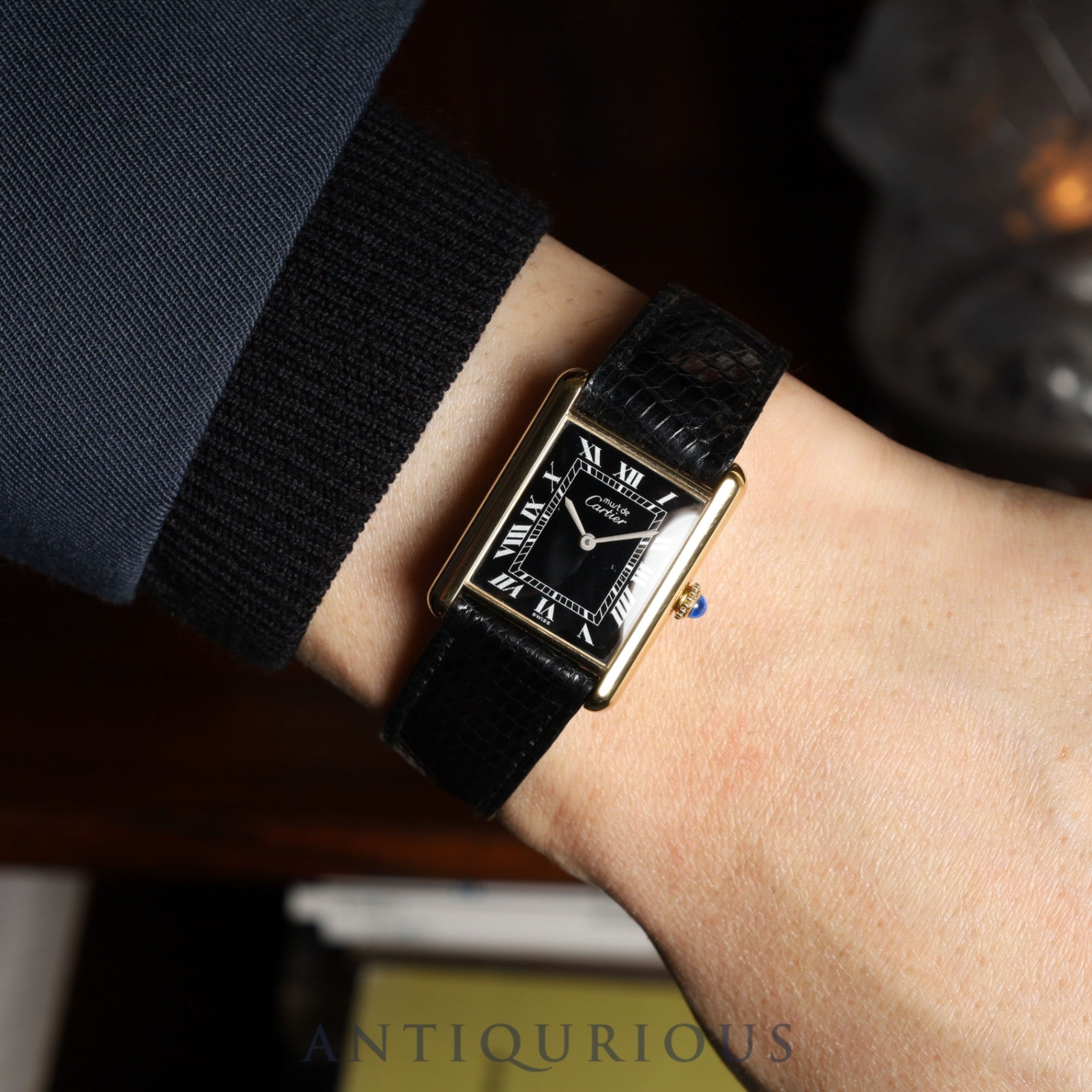 Cartier Must Tank LM Manual Winding SV925 Genuine Leather Strap Genuine Buckle (GP) Black Roman Dial Overhauled