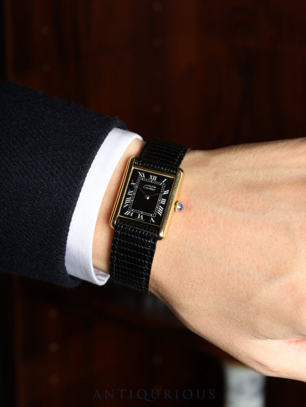 Cartier Must Tank LM 19749 13 Manual Winding SV925 Genuine Leather Strap Genuine Buckle (GP) Black Roman Dial Warranty (1987) Completely Serviced at a Cartier Boutique