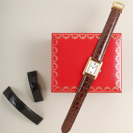 Cartier Must Tank SM 5057001 Quartz Cal.057 SV925 Leather Genuine Deployant Buckle (GP) Side Trinity Dial (SWISS marking) Box Genuine Leather Strap Included Overhauled