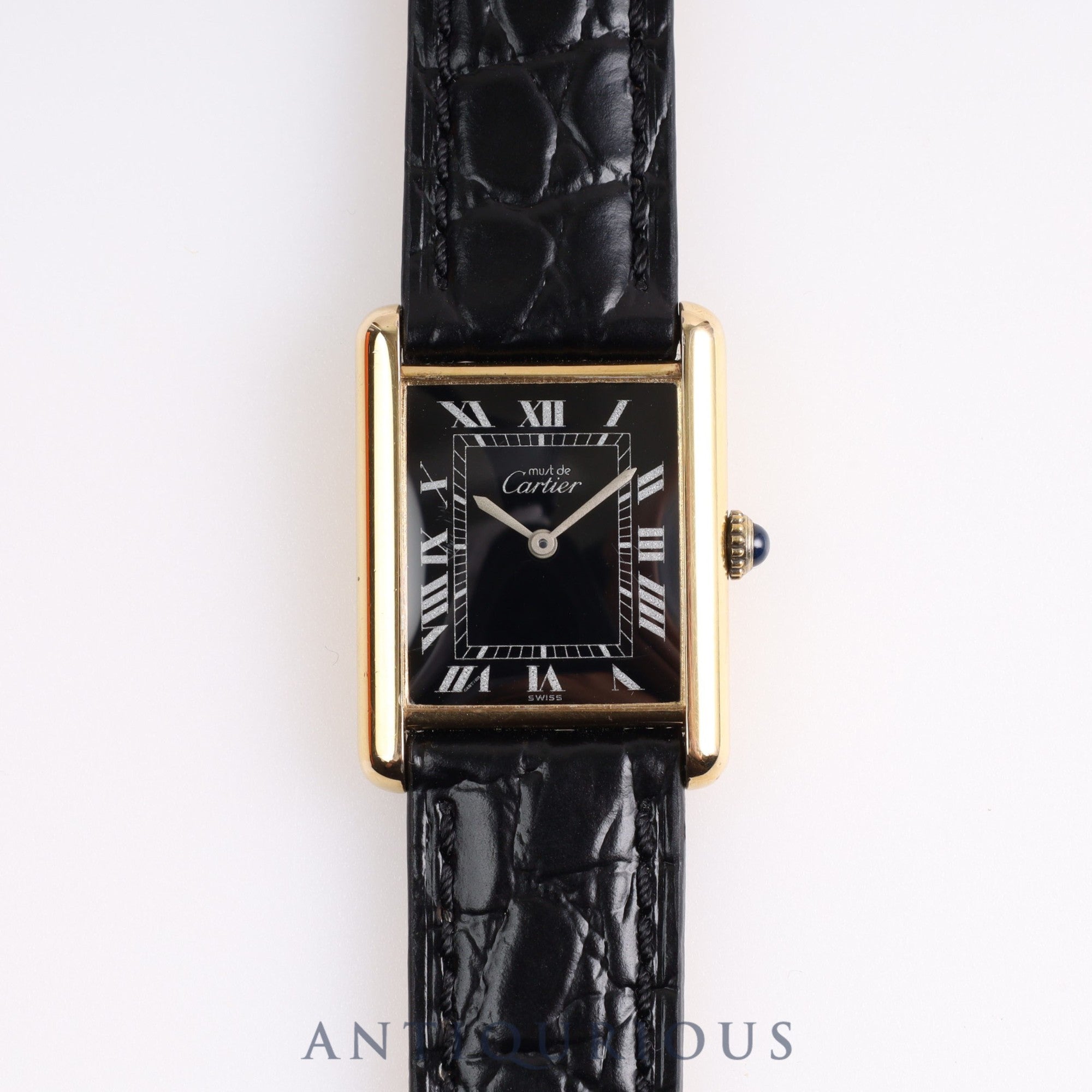 Cartier Must Tank LM Manual Winding Cal.78-1 925 Leather Black Roman Dial Overhauled