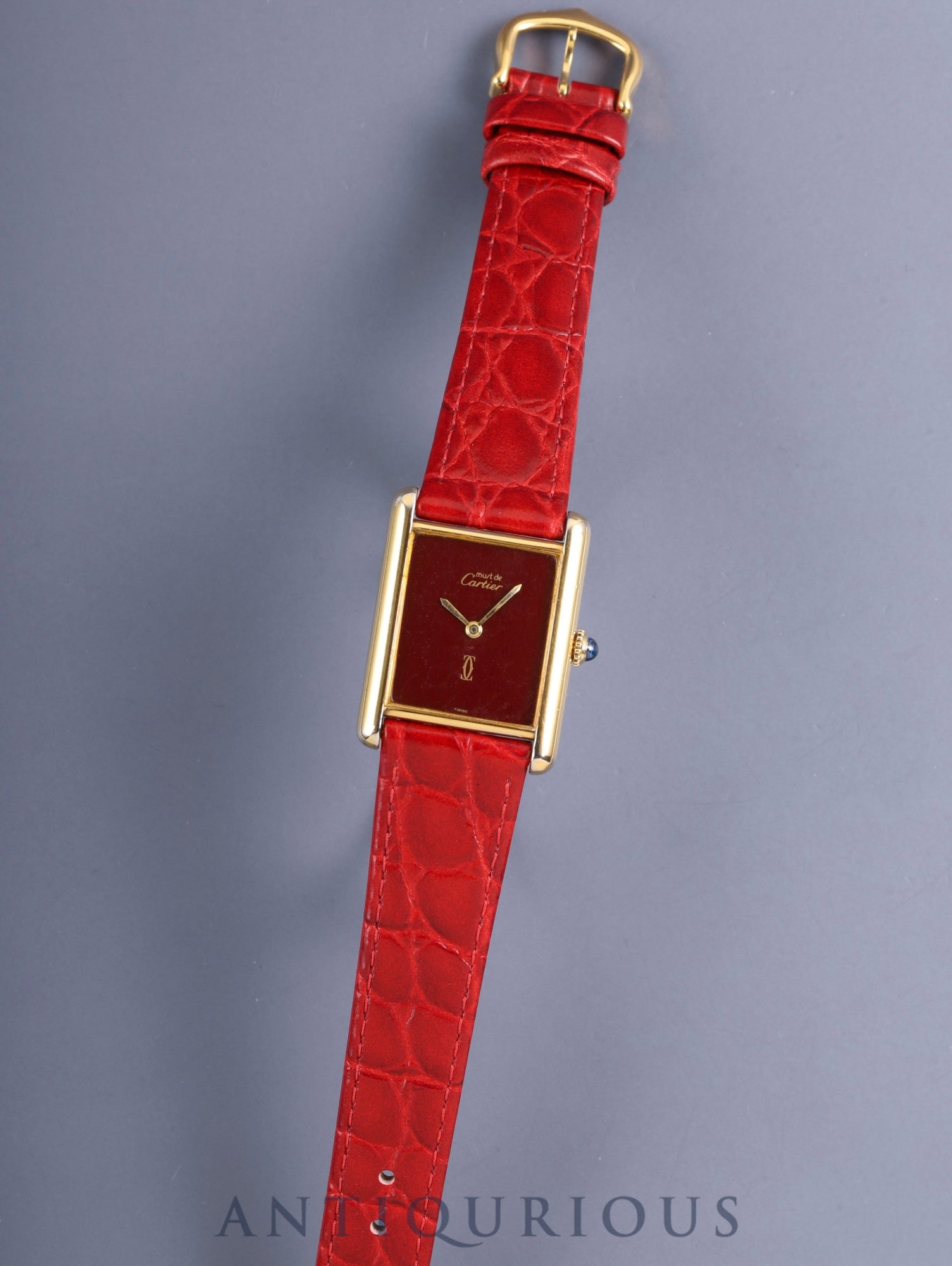 Cartier Must Tank LM, manual winding, Cal. 78-1, SV925, leather strap, original pin buckle (GP), garnet dial, Bordeaux dial (SWISS marking), recently overhauled.