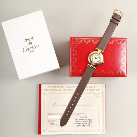 カルティエ マストコリゼ W1000653 / 590002 クォーツ SV925 革 純正尾錠（GP） アイボリーローマン文字盤 箱 冊子 保証書（1990年） カルティエブティックにてコンプリートサービス済み
