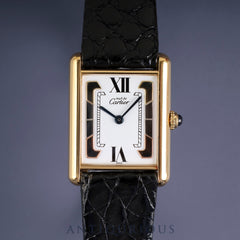 Cartier Must Tank LM 1615 / W1006254 Quartz Caliber 90 SV925 Leather Strap with Genuine GP Buckle, Trinity Dial, Overhauled