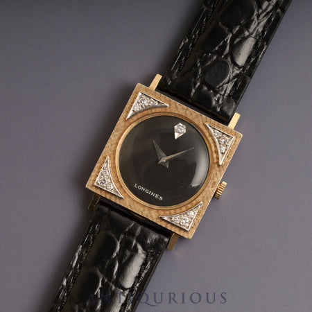 LONGINES Tuxedo Watch, Hand-wound, Cal.528, 14KT, Leather, Black Dial, 25.5 x 25.5mm, 1950s, Overhauled