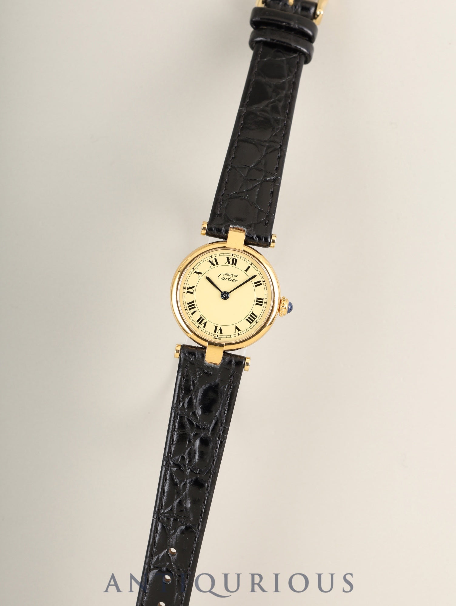 カルティエ マスト ヴァンドーム VLC SM 590004 クォーツ Cal.90 SV925 革 純正ピンバックル（GP）アイボリーローマン文字盤 箱 タグ 冊子 保証書（1991年）オーバーホール済み