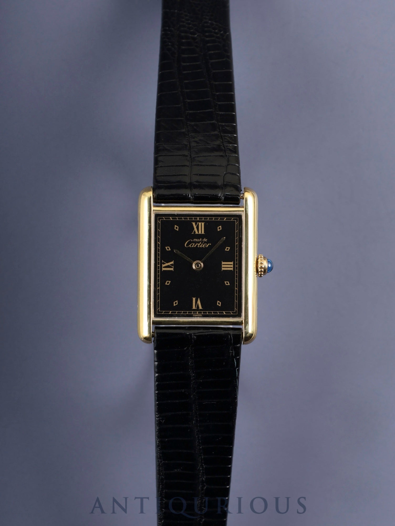 Cartier Must Tank LM 590005 Quartz Cal.90 SV925 Leather Genuine Buckle (GP) Black Roman Dial Overhauled Newly Finished