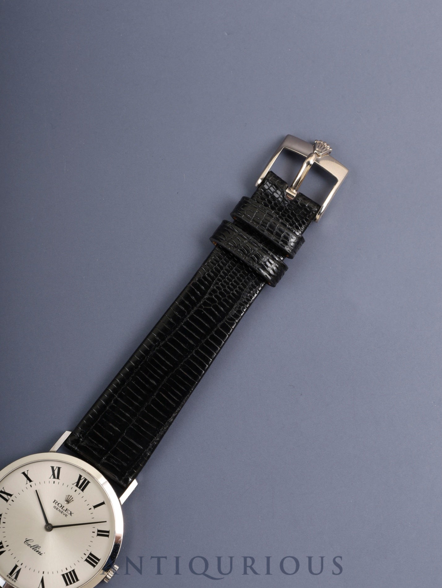 ロレックス チェリーニ 4112-9 手巻き Cal.1601 750WG 革 純正ピンバックル（750WG ）シルバーローマン文字盤 32mm 43番台（1975年） 箱 純正レザーベルト付き オーバーホール済み