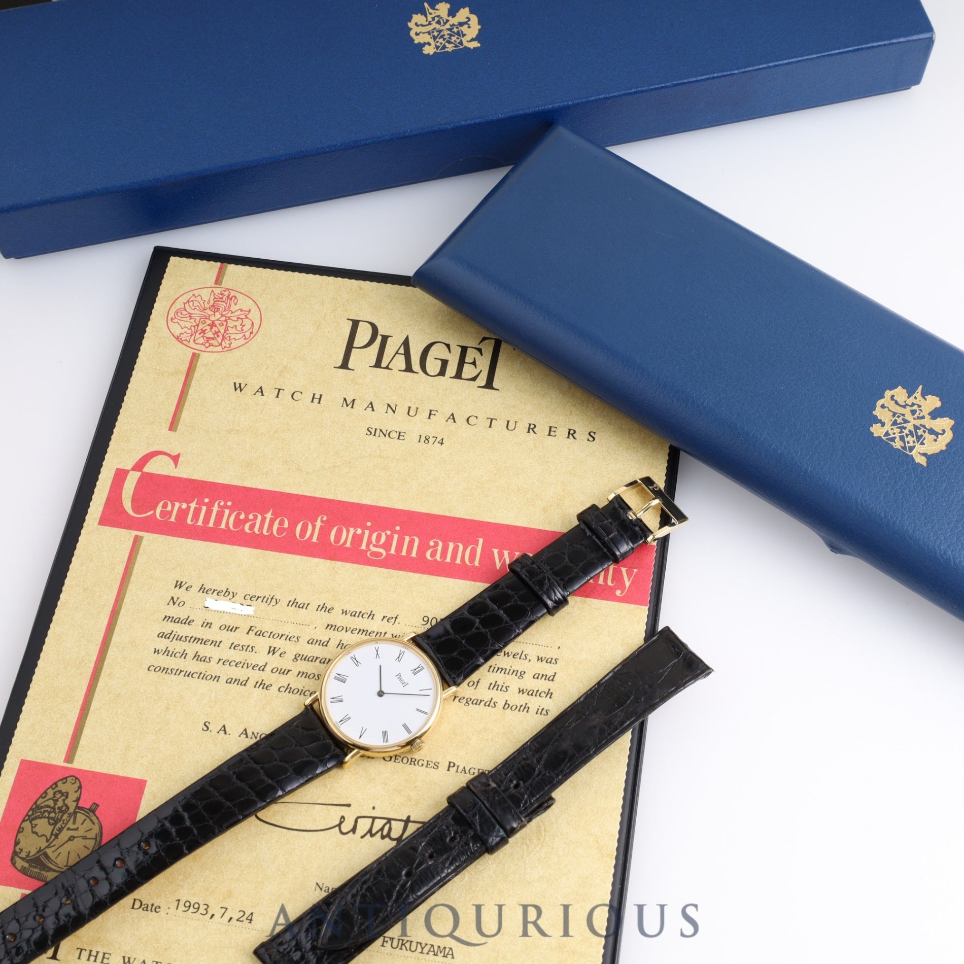 PIAGET ROUND 9025N Manual winding Cal.9P2 YG Genuine buckle (750) White dial Box Warranty card (1993)