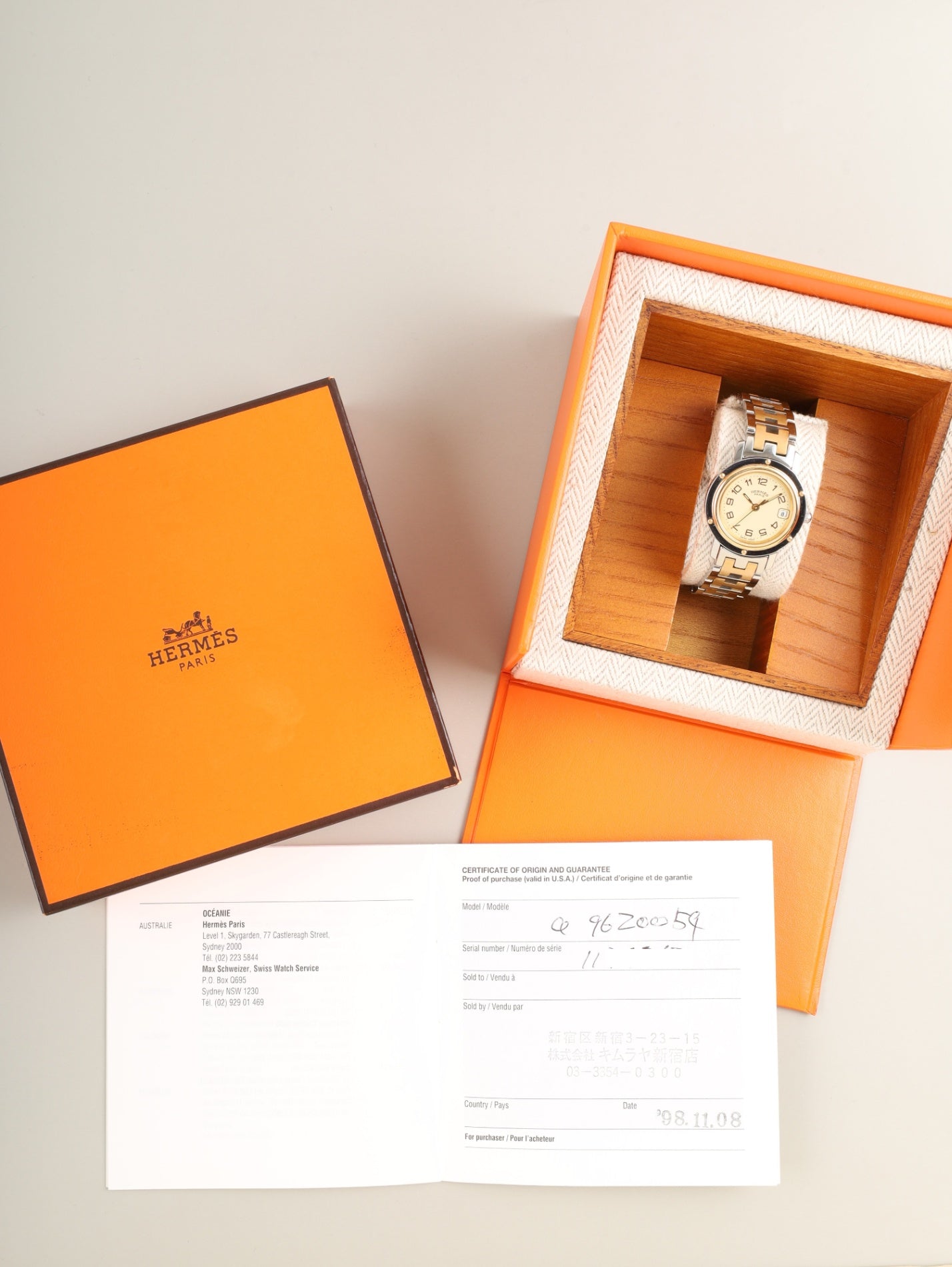 エルメス クリッパー CL4.220 クォーツ Cal.- SS/GP SS/GP  アイボリー文字盤 箱 保証書（1998年）オーバーホール済み