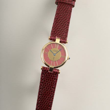 カルティエ マスト ヴァンドーム VLC SM 18 クォーツ Cal.690 SV925 革 純正ピンバックル（GP）ガーネットクロワゾネ文字盤（SWISS表記） オーバーホール済み
