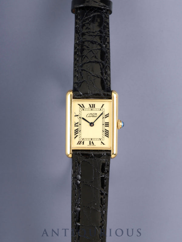 カルティエ マストタンク LM 590005 クォーツ SV925 革 純正尾錠（GP）アイボリーローマン文字盤（SWISS MADE表記）新品仕上げ済み カルティエブティックにてコンプリートサービス（フルメンテナンス）済み