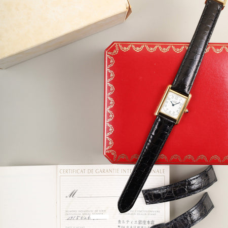 Cartier Must Tank MM W1013854 / 2415 Quartz SV925 Leather Genuine D-buckle (GP) Arabic CC Dial Box Booklet Warranty (2000) Overhauled