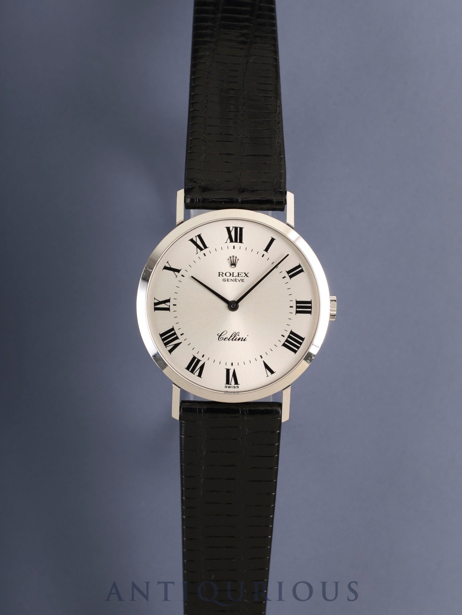 ロレックス チェリーニ 4112-9 手巻き Cal.1601 750WG 革 純正ピンバックル（750WG ）シルバーローマン文字盤 32mm 43番台（1975年） 箱 純正レザーベルト付き オーバーホール済み