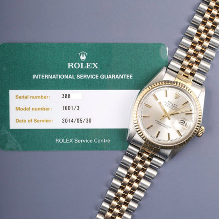 ロレックス デイトジャスト 1601 自動巻き Cal.1570 SS/YG SS/YG シルバー文字盤 38番（1973年）国際サービス保証（2014年）オーバーホール済み