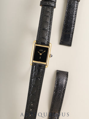 Cartier Must Tank SM 3 Hand-wound Cal.78-1 SV925 Leather Genuine Pin Buckle (GP) Onyx Dial (SWISS marking) With Genuine Leather Strap Overhauled Polished