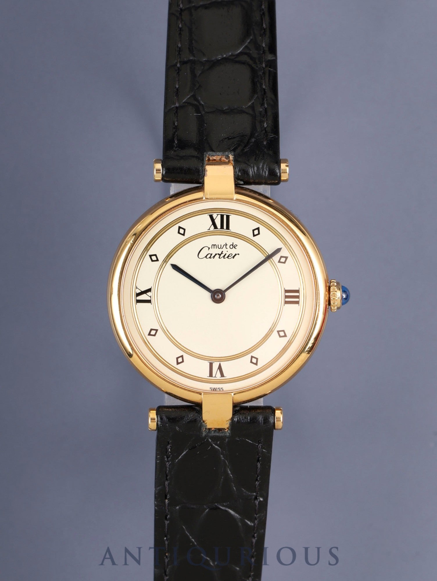 Cartier Must Vendome VLC LM 590003 Quartz Cal.90 SV925 Leather Original Pin Buckle (GP) Ivory 4-Point Roman Dial (SWISS marking) Box, Booklets, Warranty Card (1990) Overhauled