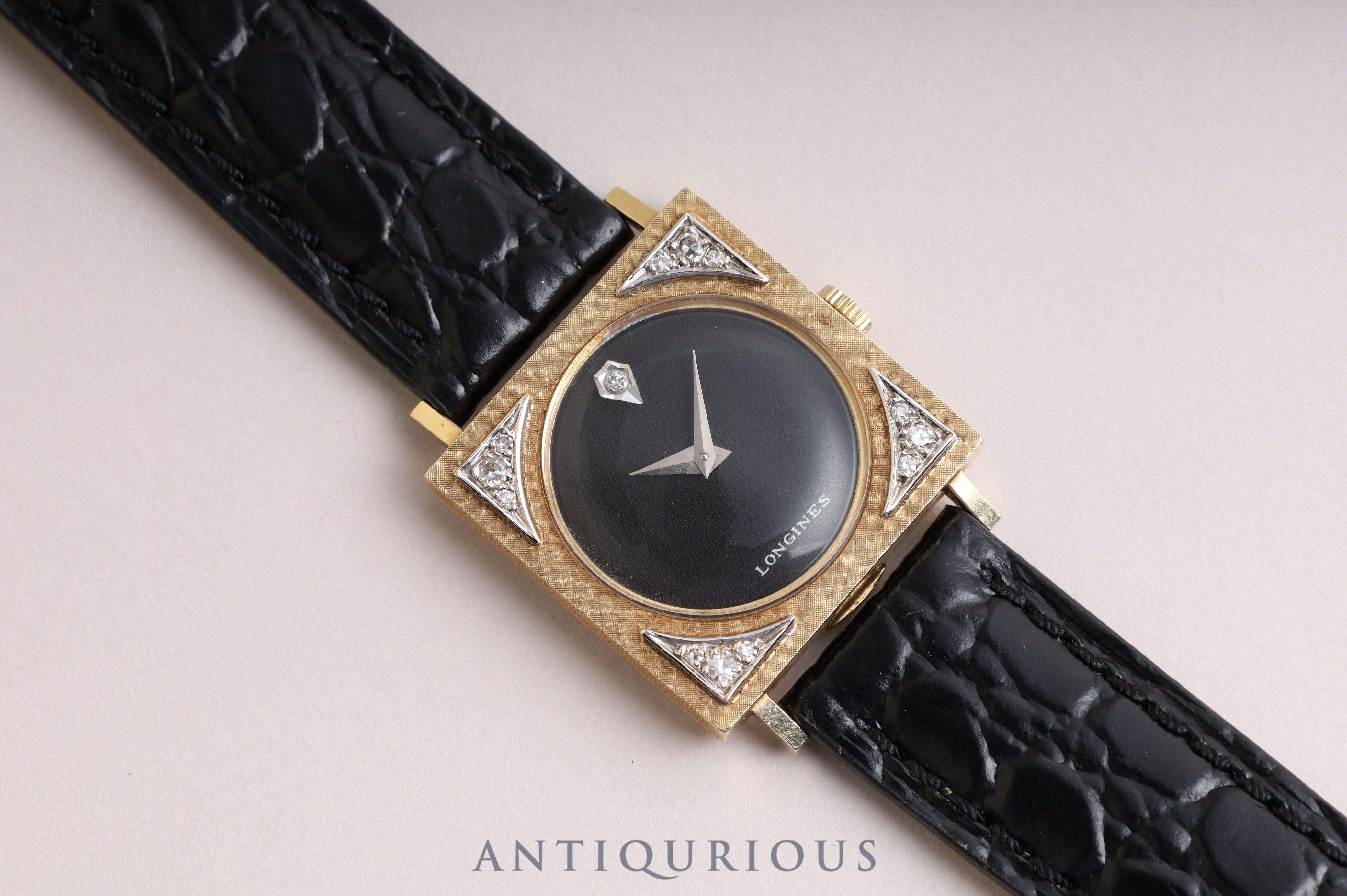 LONGINES Tuxedo Watch, Hand-wound, Cal.528, 14KT, Leather, Black Dial, 25.5 x 25.5mm, 1950s, Overhauled