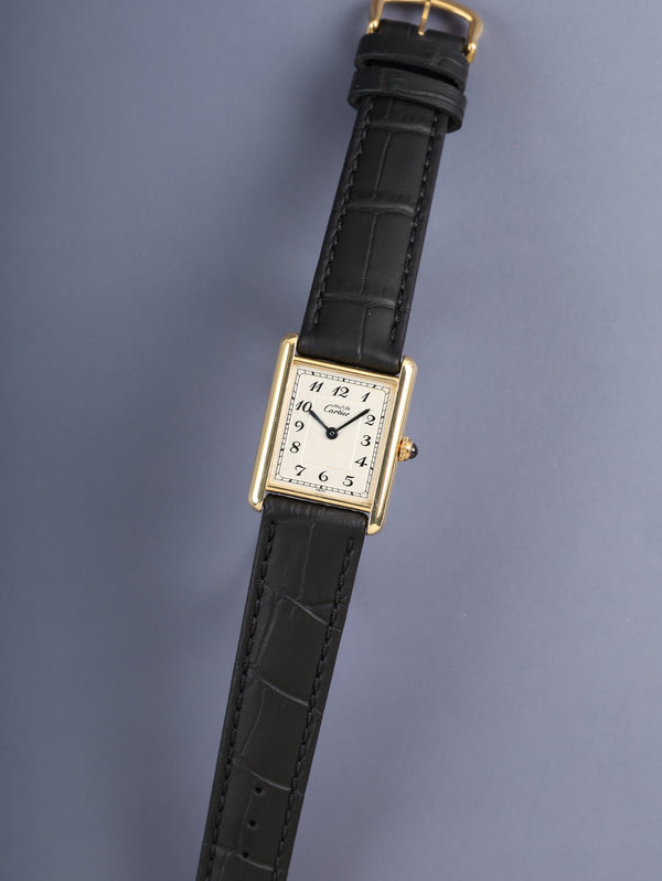 Cartier Must Tank LM 590005 Quartz Caliber 90 SV925 Leather Strap with Genuine Pin Buckle (GP) Arabic Dial (SWISS Marking) Overhauled and Finished to Look Like New
