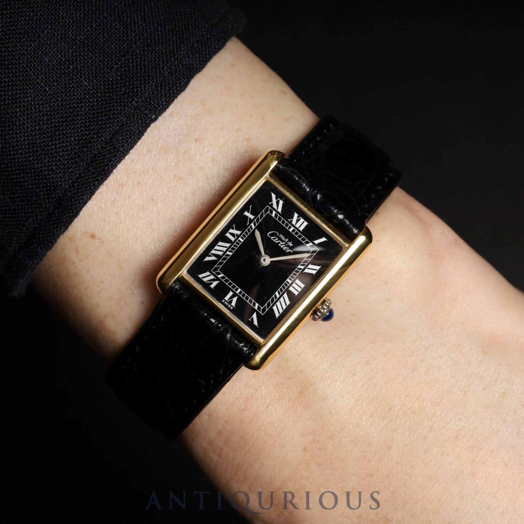Cartier Must Tank LM Manual Winding Caliber 78-1 SV925 Leather Strap with Genuine GP Buckle Black Roman Dial Overhauled and Finished to Look Like New