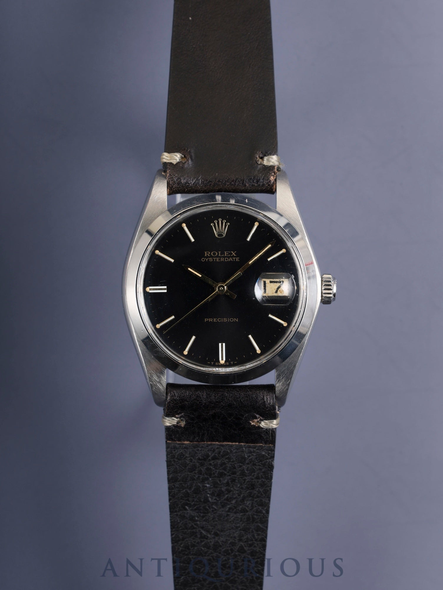 ロレックス オイスターデイトプレシジョン 6694 手巻き Cal.1225 SS 革 社外尾錠（SS） ブラック文字盤 51番（1977年）オーバーホール済み