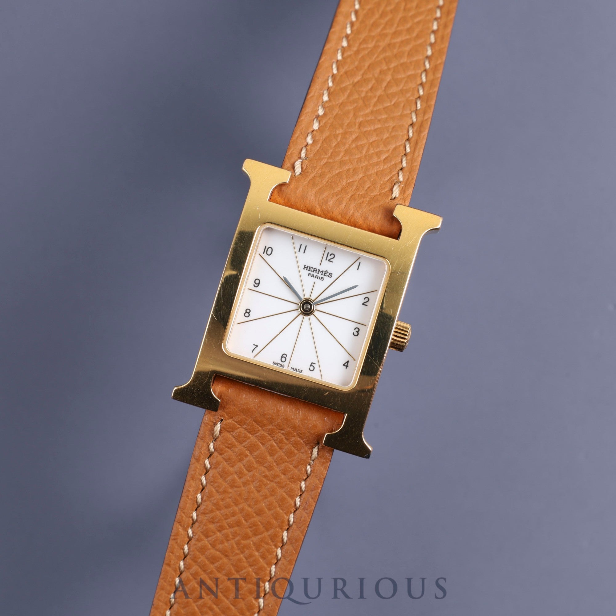 Hermes H Watch HH1.201 Quartz GP Leather Genuine Buckle (SS) White Dial Box Warranty (2006) Genuine Leather Strap Overhauled