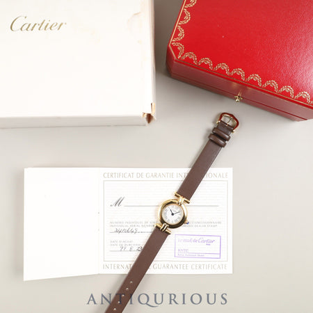 カルティエ マストコリゼ 2410 クォーツ Cal.157 SV925 革 純正尾錠（GP） ホワイト文字盤 24mm 箱 保証書（1999年）オーバーホール済み