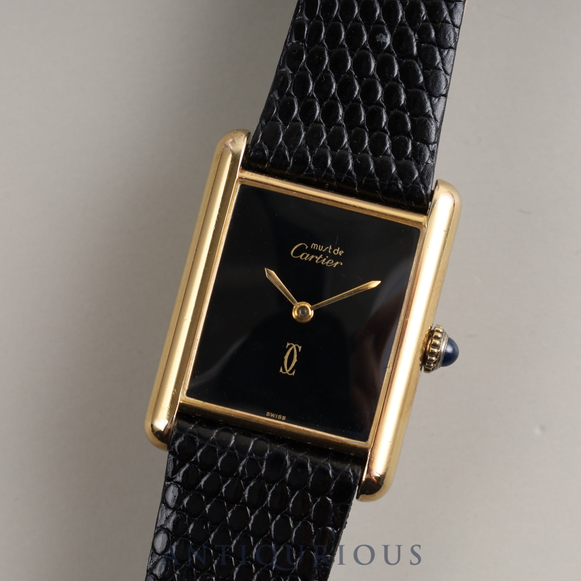 Cartier Must Tank LM Manual Winding Cal.78-1 SV925 Leather Genuine Buckle (GP) Black Onyx Dial Box