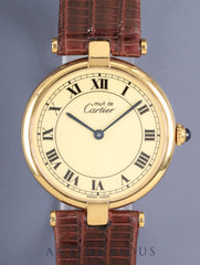 Cartier Must Vendome VLC LM 590003 Quartz Cal.- SV925 Leather Original Pin Buckle (GP) Ivory Roman Dial (SWISS MADE) Complete service performed at Cartier boutique