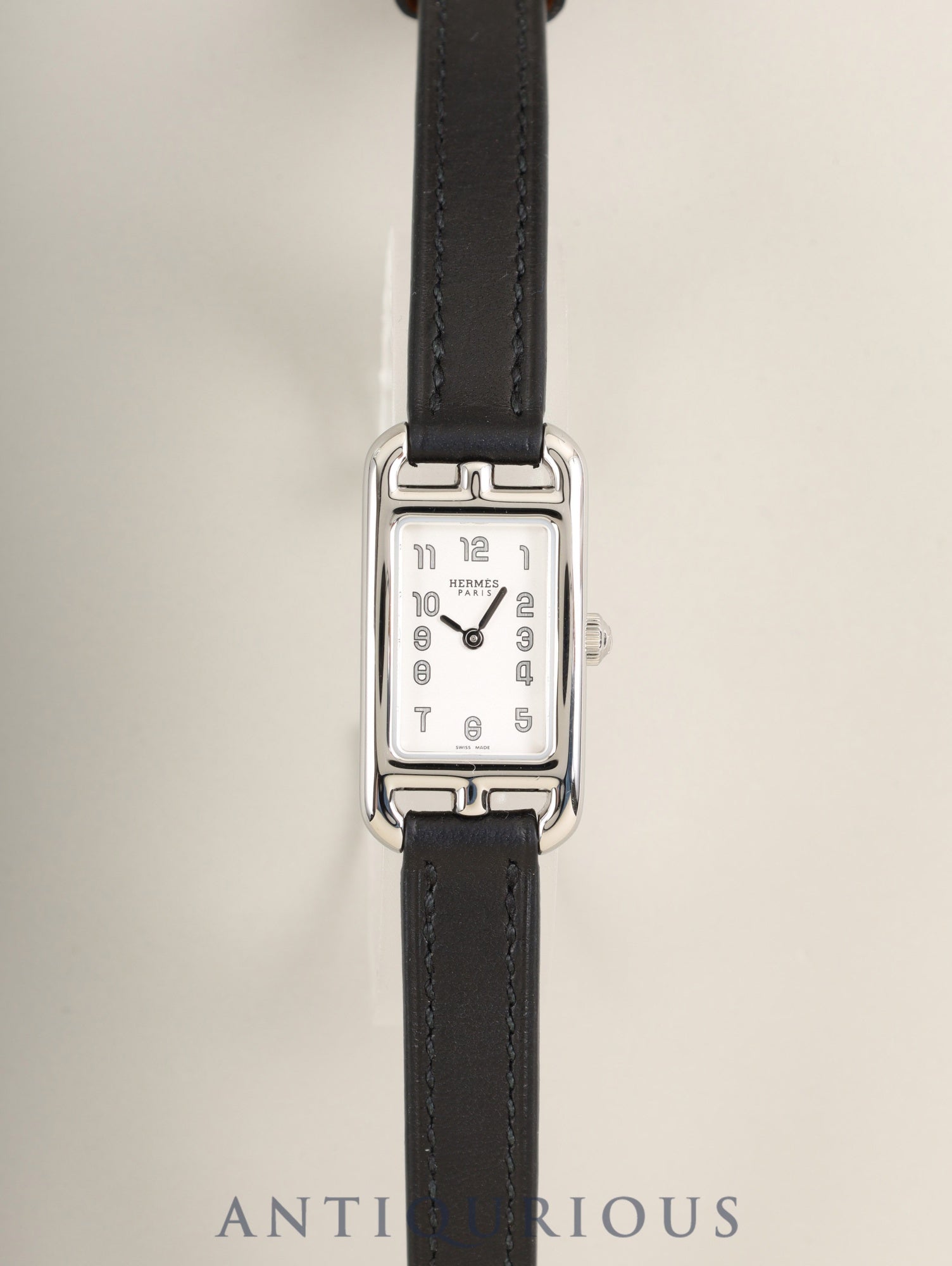 Hermès Nantucket NA2.110 Quartz Cal. ETA280.002 SS Genuine leather strap (U stamp: 2022) Genuine pin buckle (SS) Silver Arabic dial Box Manual Overhauled