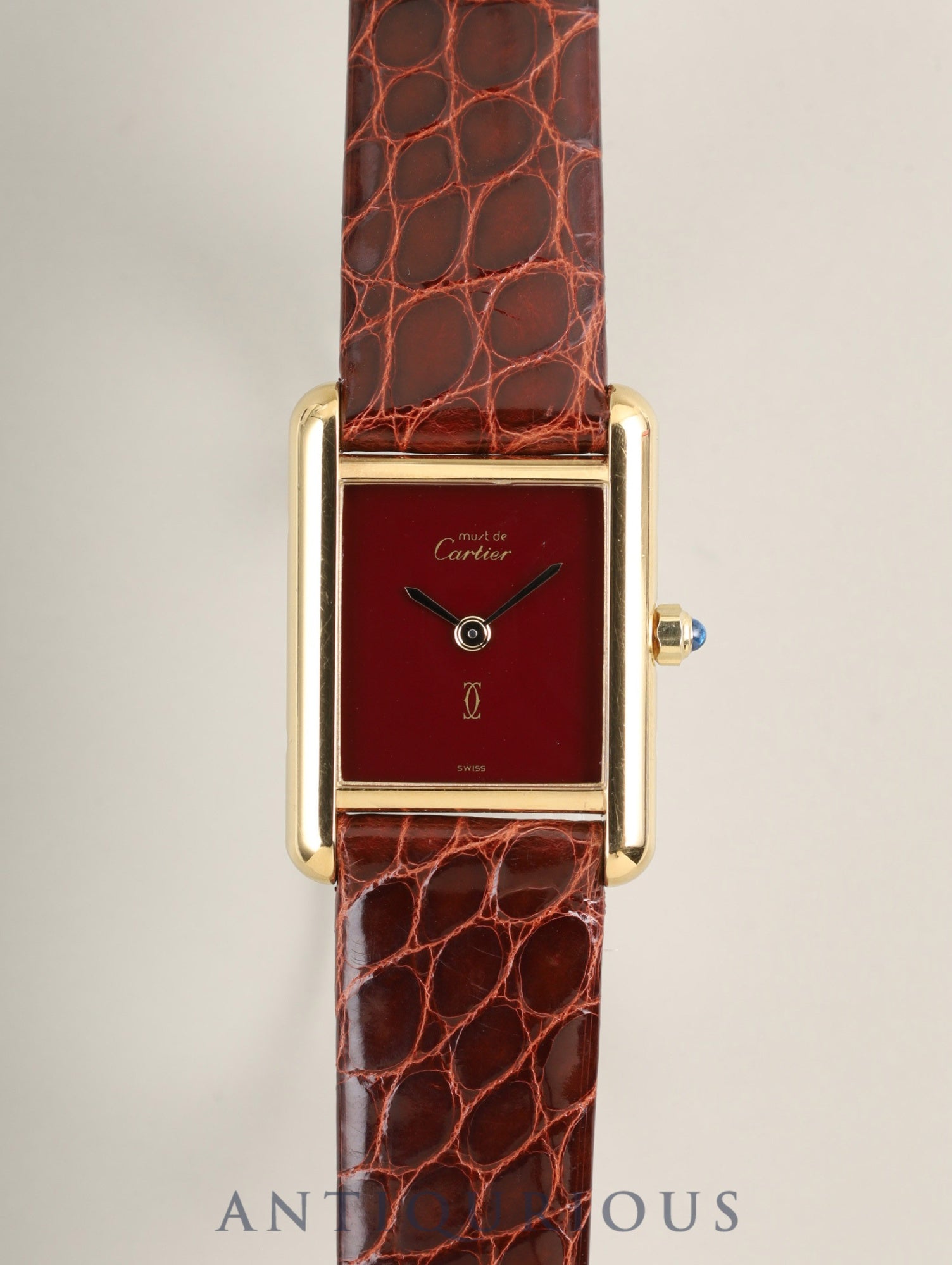 カルティエ マストタンク SM 366001 クォーツ SV925 革 純正ピンバックル（GP）ガーネットダイアル・ボルドー文字盤（SWISS表記）カルティエブティックにてコンプリートサービス（フルメンテナンス）済み