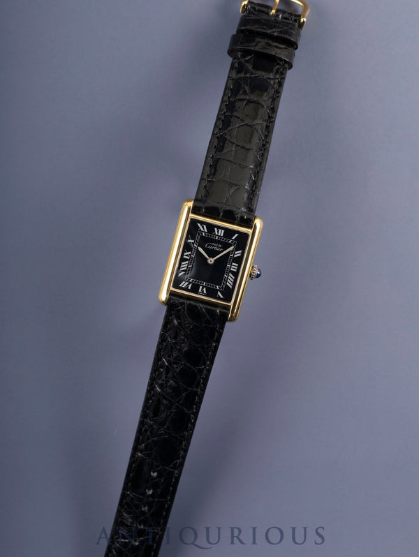 Cartier Must Tank LM Manual Winding Caliber - SV925 Leather Strap with Genuine GP Buckle, Black Roman Dial, Circa 1976-1981, Overhauled and Finished to Look Like New