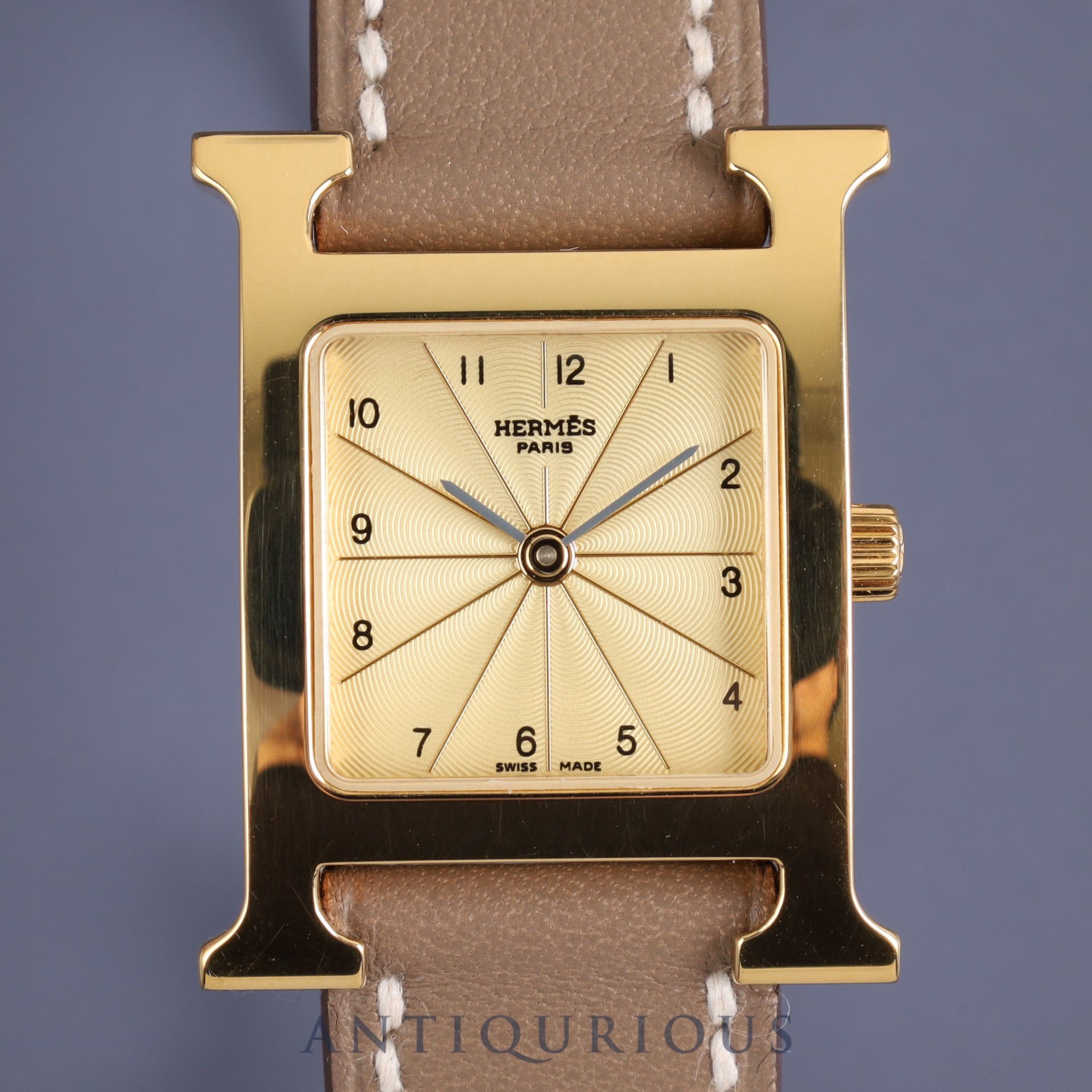 Hermes H Watch HH1.201 Quartz GP Genuine Leather Strap Gold Dial Box Warranty (2004) Overhauled