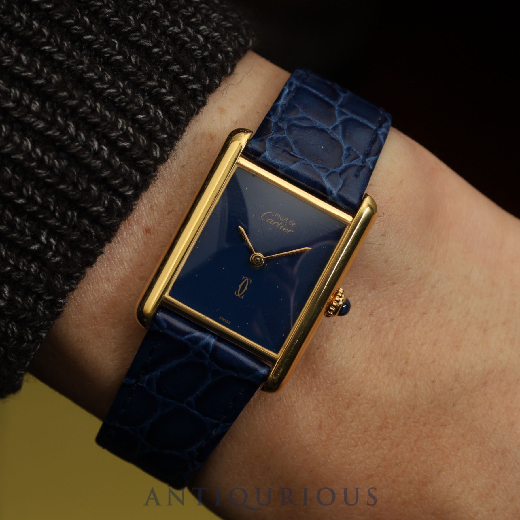 Cartier Must Tank LM Manual Winding Caliber 78-1 SV925 Leather Strap with Genuine GP Buckle, Lapis Lazuli Dial, Circa 1976-1981, Overhauled and Finished to Like New