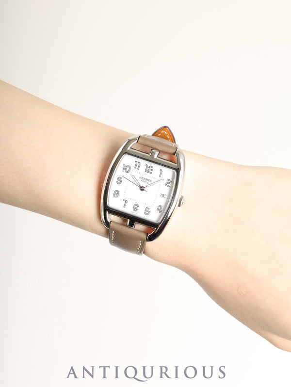 Hermès Cape Cod Tonneau CT1.710 Quartz Stainless Steel Watch with Genuine Leather Strap (R Stamp: 2014) and Genuine Buckle (SS). White Dial, Box, Warranty Card (2011) Overhauled.