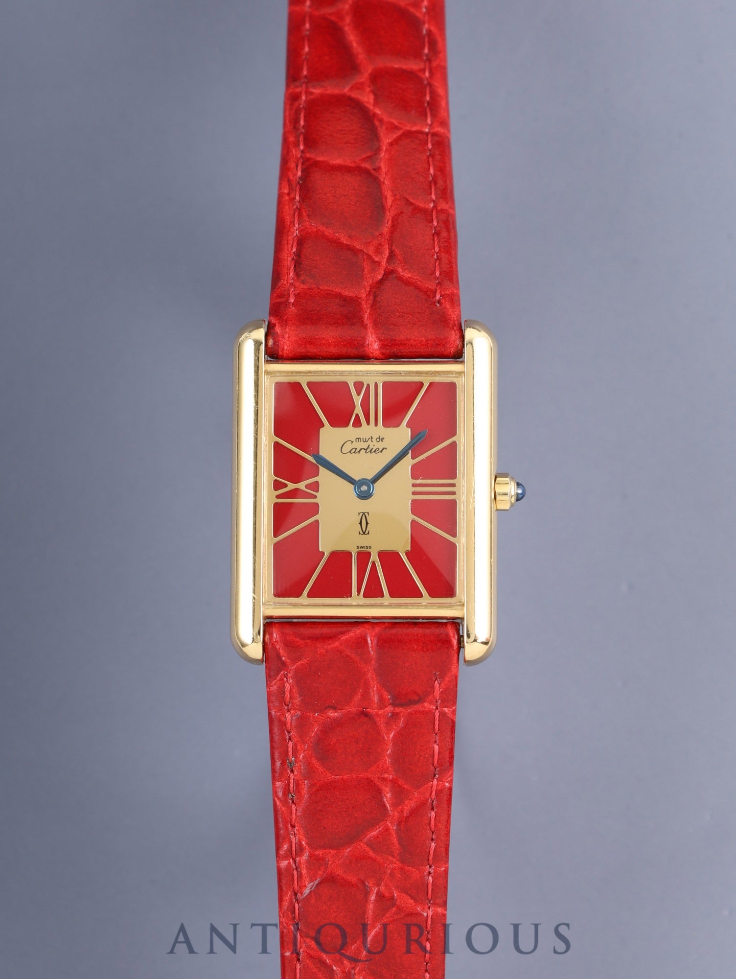 カルティエ マストタンク LM 6 81006 クォーツ Cal.81 SV925 革 純正ピンバックル（GP）ガーネットクロワゾネ文字盤（SWISS表記）箱 タグ オーバーホール済み
